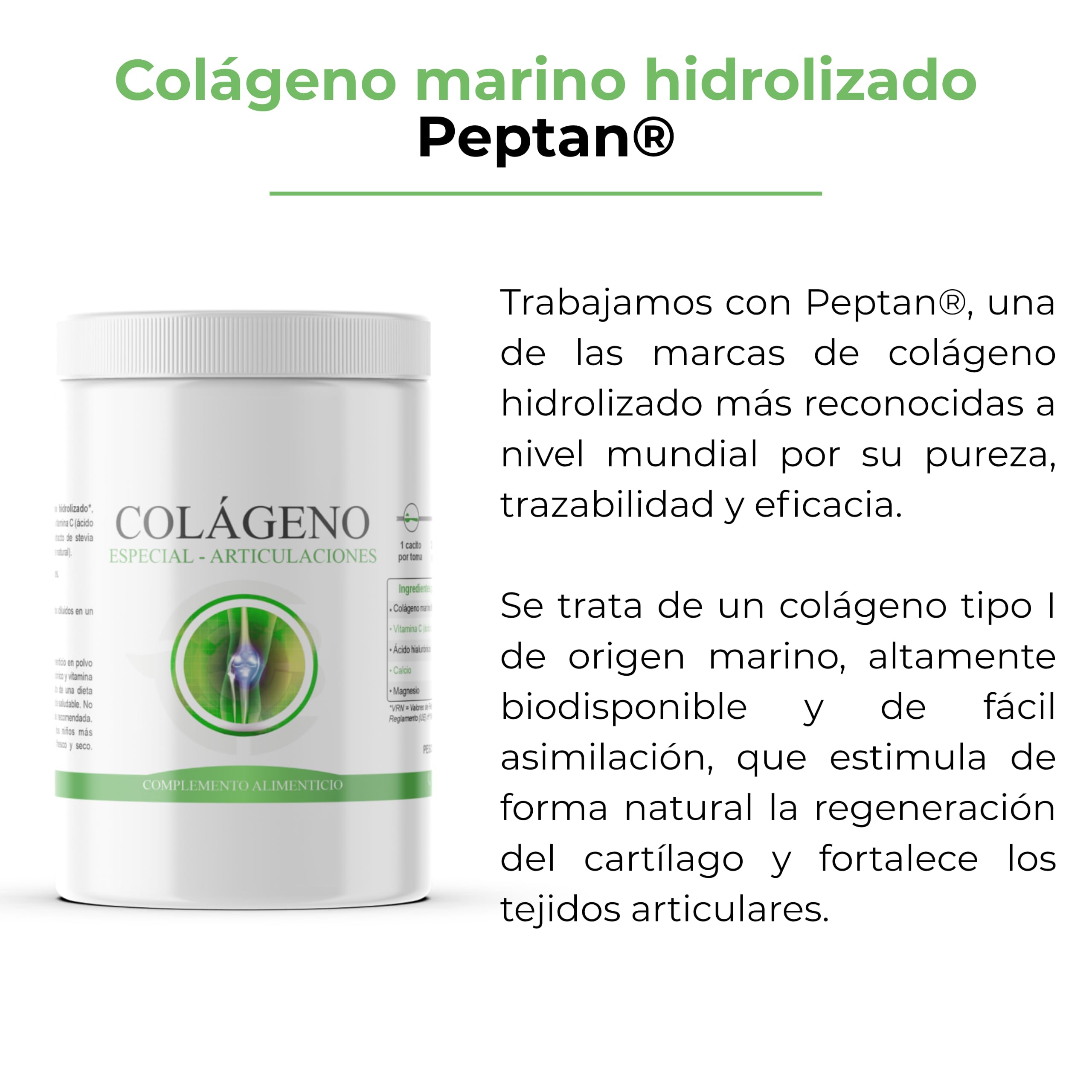 Colágeno Marino Articular | Peptan®, Ácido Hialurónico, Vitamina C, Calcio y Magnesio | Salud Articular y Huesos Formato en Polvo | 300g