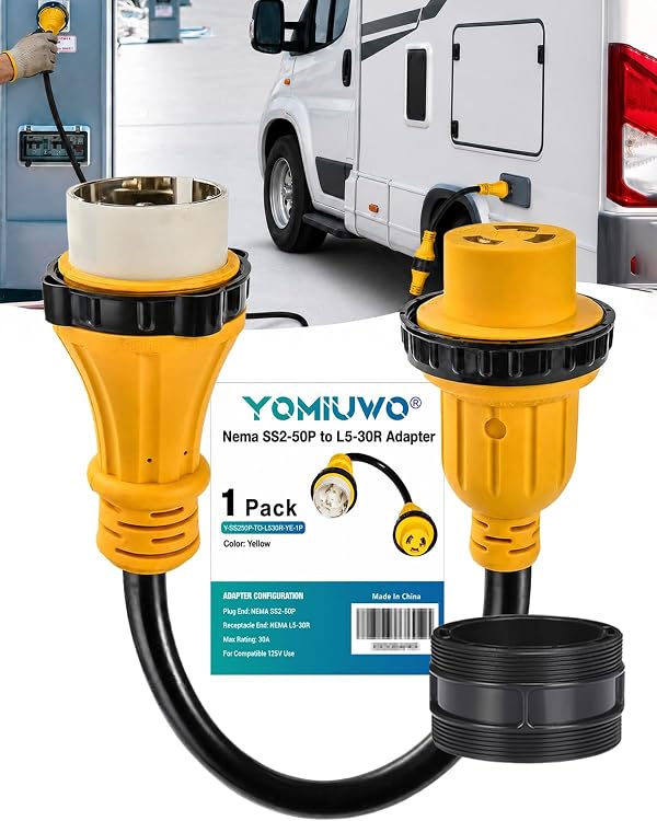 Yomiuwo ETL Listed 50 Amp to 30 Amp RV Adapter, SS2-50P to L5-30R Marine Shore Power Adapter Cord, 30A 125V 3750W Twist Lock, 12-Inch STW 10/3 AWG Heavy Duty Cable for Boat, Camper, Marina, Yellow by Yomiuwo - Used condition - US$50.15