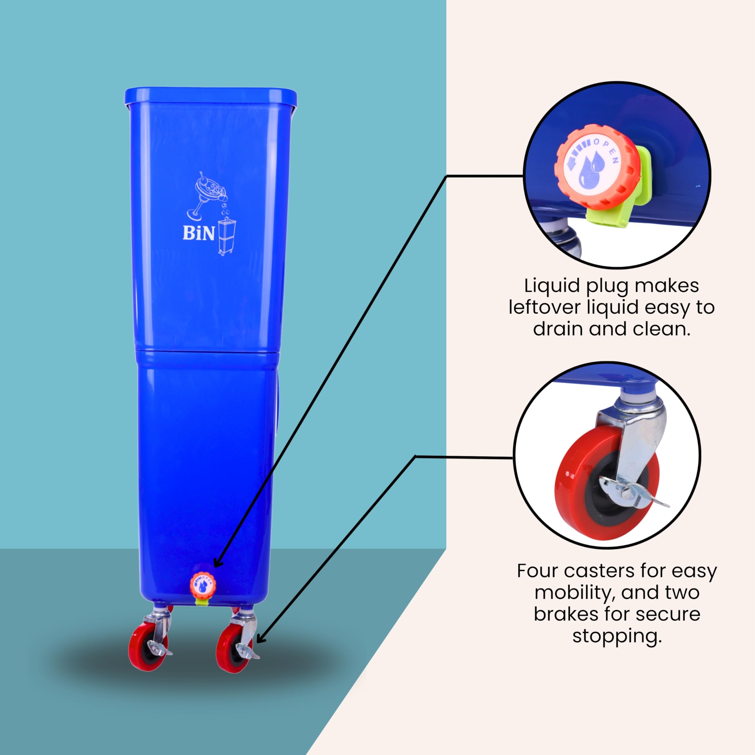 BiN - Doble compartimento con ruedas de bloqueo, eliminación de líquidos y basura, plástico resistente a fugas, uso comercial (azul)