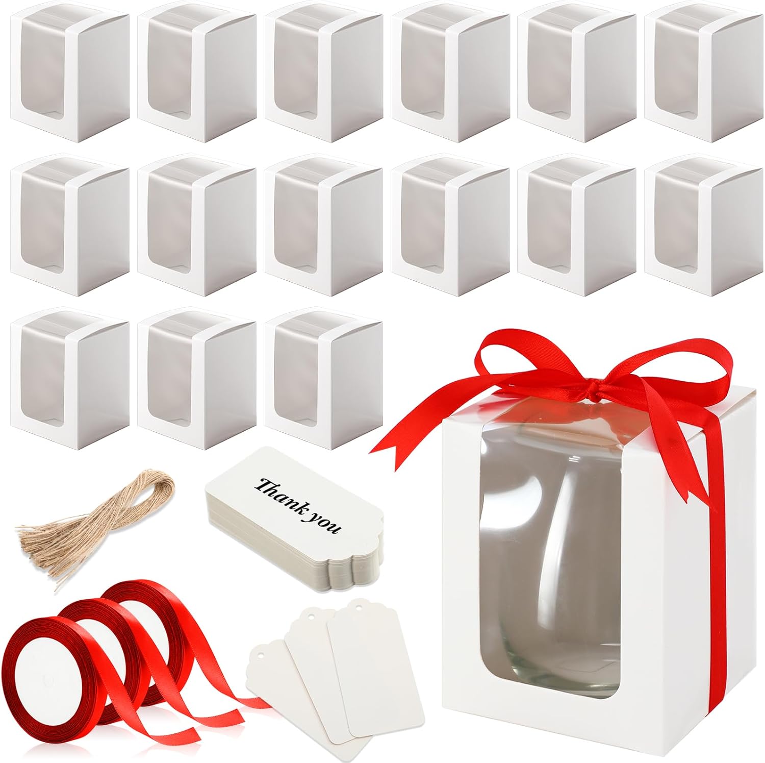 Fulmoon 50 Pack Gift Boxes for Wine Glass Transparent Gift 9 oz Stemless Glass Paper Packaging Box with Ribbon Tag Hemp Rope for Wedding Bridal Shower Baby Shower Birthday(White)
