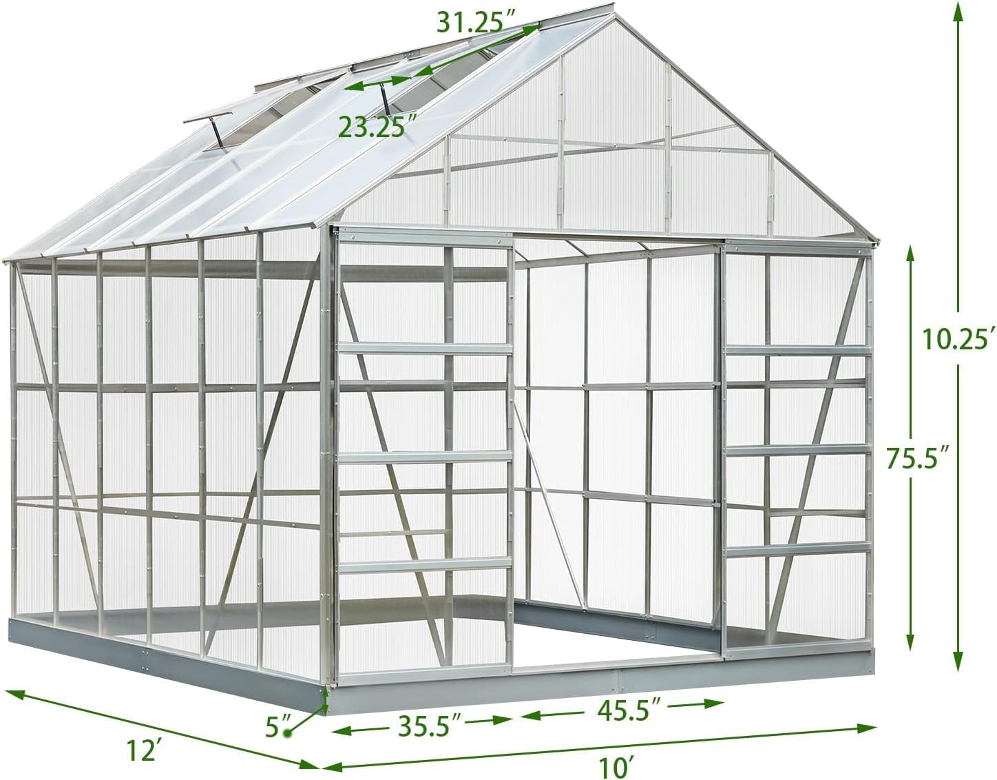 EROMMY Outdoor Walk-in Hobby Greenhouse for Plants, Polycarbonate Aluminum Green House with Adjustable Roof Vent and Sliding Door for Backyard Garden in Winter, 12' x 10' x 10.3'