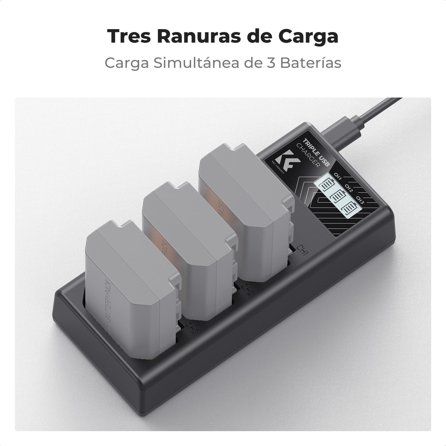 K&F CONCEPT NP-FZ100 Cargador de Batería NP-FZ100 de 3 Ranuras con Pantalla LCD Compatible con Cámaras Sony A7iii, A7iv, fx3, fx30, A6700, A7R, A9, A6600, A7Riii, A7Riv, A7R3, A7C, ZV-E10ii y más