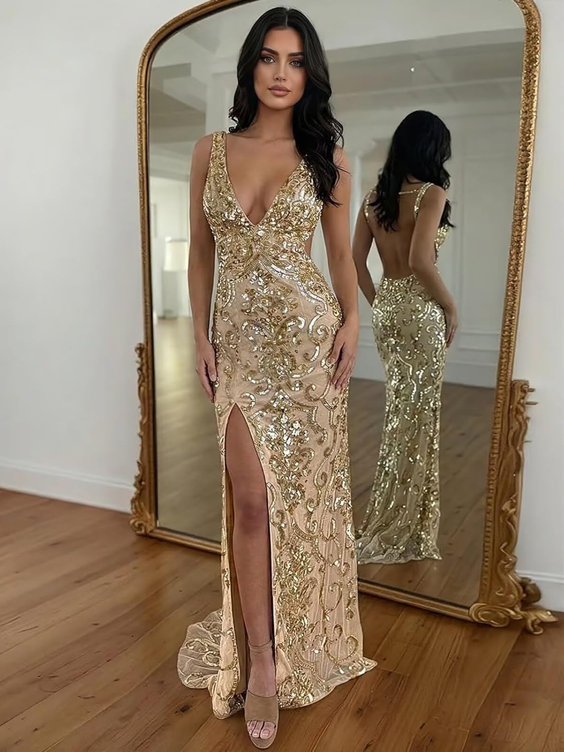 RYANTH Sparkly Sequin Prom Dresses for Women Long Mermaid V Neck Formal Dress Backless Cocktail Party Gown with Slit
