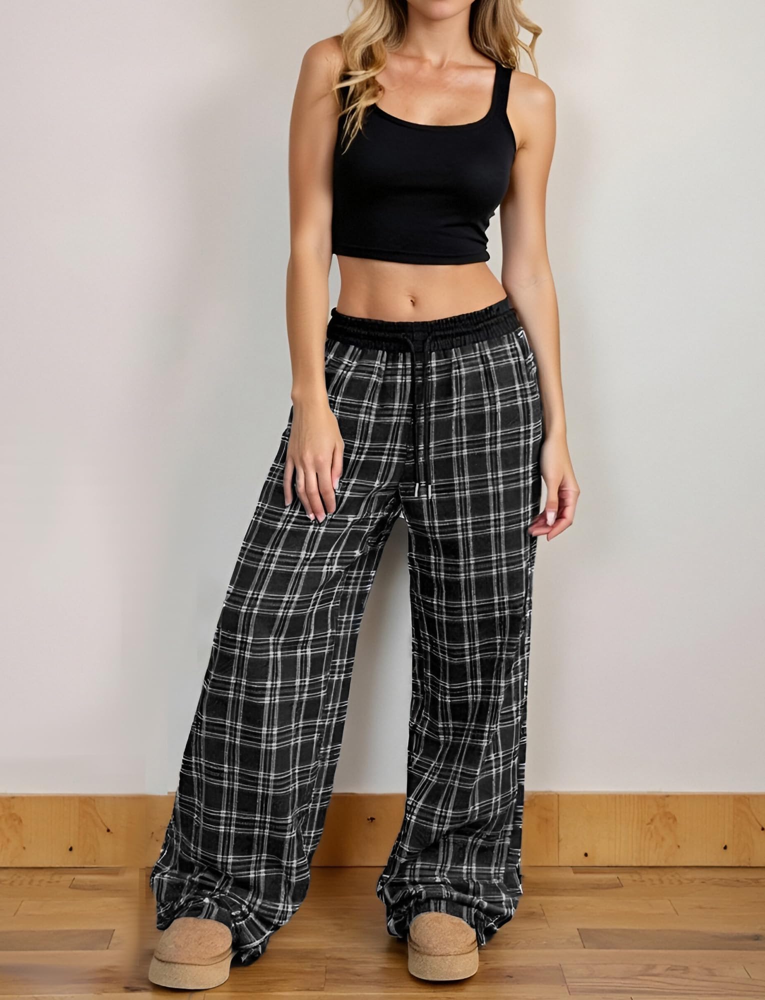Damen Vintage Karierte Hose Y2K Freizeithose mit Weitem Bein Lange Jogginghose mit Taschen Lockere Loungehose Low Waist Sporthose Streetwear