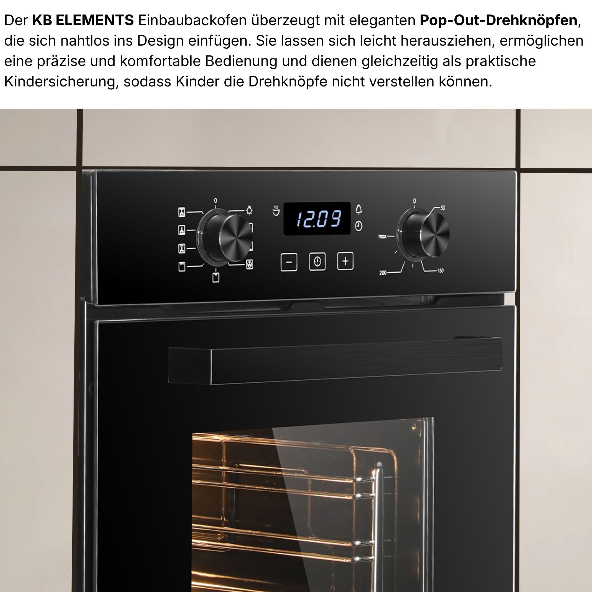 Einbaubackofen 45 cm - Backofen 45 cm breit, 50 Liter, Aqua Clean, Circle Fan Heater, Wide-Screen-Window, versenkbare Drehknebel