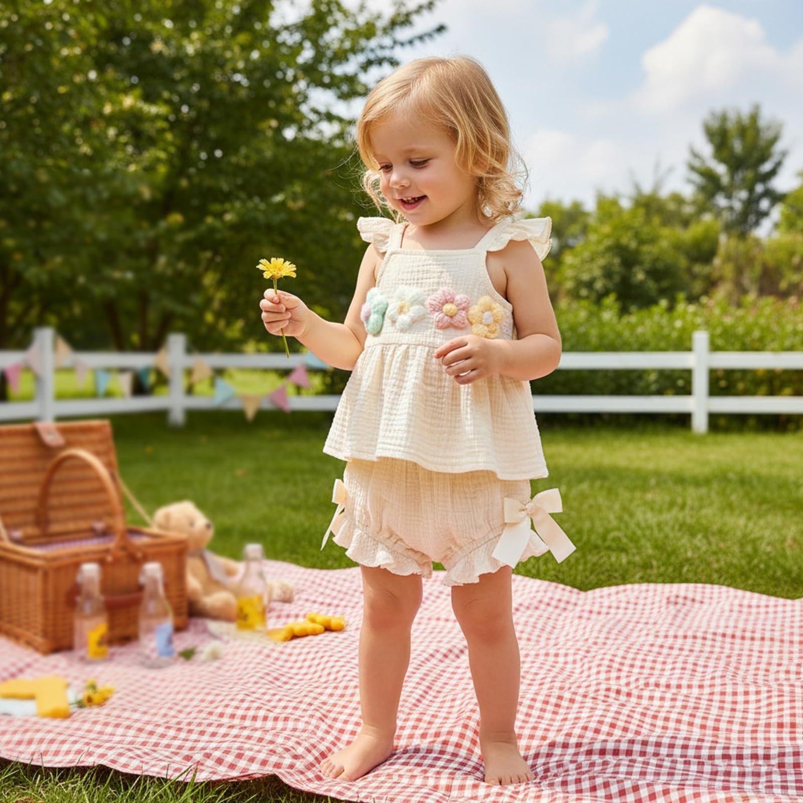 Carolilly Ensemble Bébé Fille Été 2 Pièces, Haut à Volant avec Fleurs et Culotte avec Nœuds, Tenue Florale (0-18 mois)