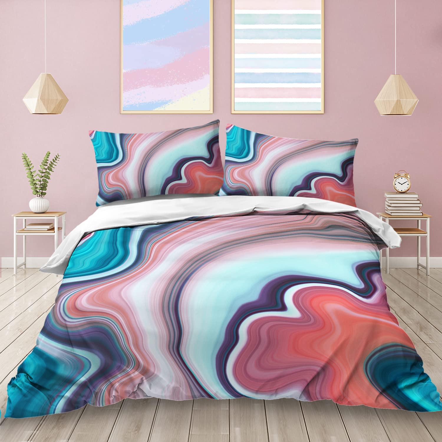 Sleepwish Marble Printed Bedding Duvet Cover Sets (Full, Blue Pink and Red) - 3-Piece Set - Modern Soft Microfiber Bedding Cover for Comforter/Duvet with 2 Pillow Shams