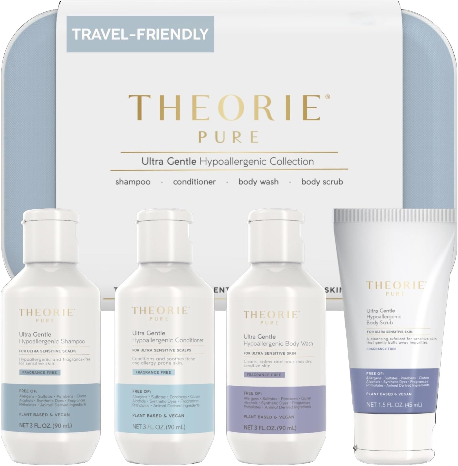 THEORIE PURE Travel Size Toiletries Set - Hypoallergenic Shampoo, Conditioner, Body Wash & Body Scrub - Fragrance-Free, No Sulfates or Parabens - Clean Beauty Essentials for Hair & Skin