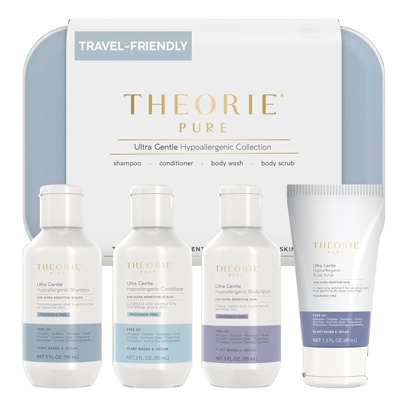 Kit de Higiene em Tamanho para Viagem THEORIE PURE com Shampoo, Condicionador, Sabonete Líquido Corporal e Esfoliante Corporal