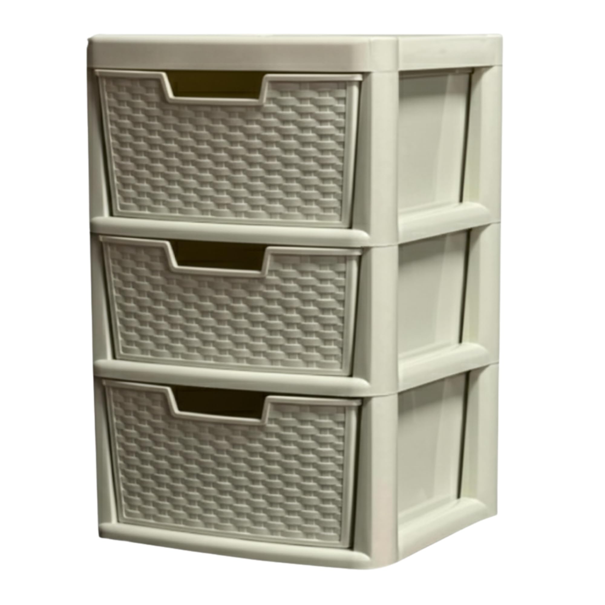 KYY'Z - Large Plastic Rattan Storage Drawers Unit with Deep Pull-Out Baskets - Durable Multipurpose Cabinet Organizer for Home Office, Bedroom, Bathroom, Garage, Utility Room (Cream, 3 Tier)
