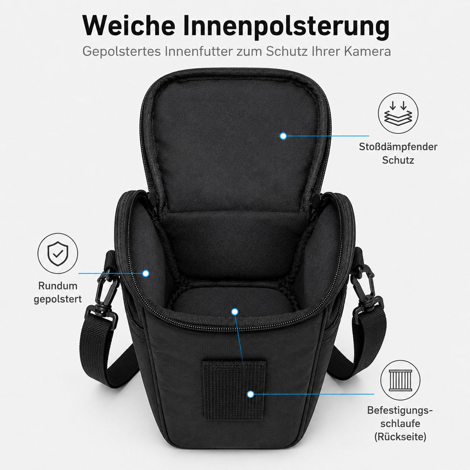 Kameratasche Schwarz 21 x 18 x 11 cm, kompakte Fototasche für Systemkamera, Digitalkamera & kleinere DSLR/SLR-Modelle, Wasserabweisende Kamera-Umhängetasche mit Seitentasche, Innenpolsterung