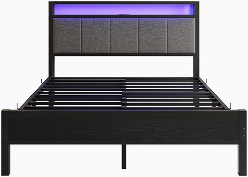Miniatura 7 de Base de cama Queen con almacenamiento de cabecero, base de cama tapizada tamaño Queen con estación de carga y luces LED, no necesita somier, Negro y