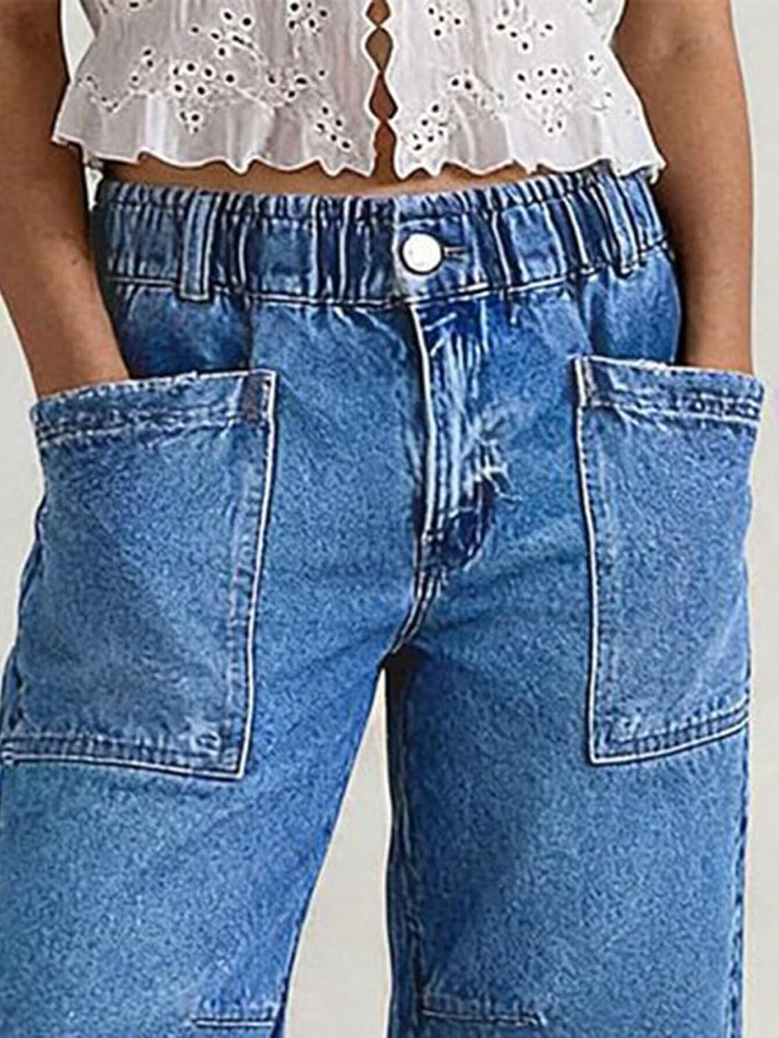 Flamingals Straight Leg High Rise Denim Bermuda Shorts for Women Wash Elastic Trendy Jean Shorts with Patch Pockets