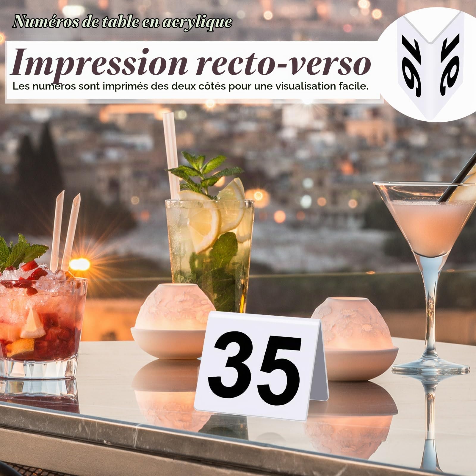 Lot de 50 numéros de table en acrylique, numéros de table numérotés double face pour restaurant, décoration de table de mariage (blanc)