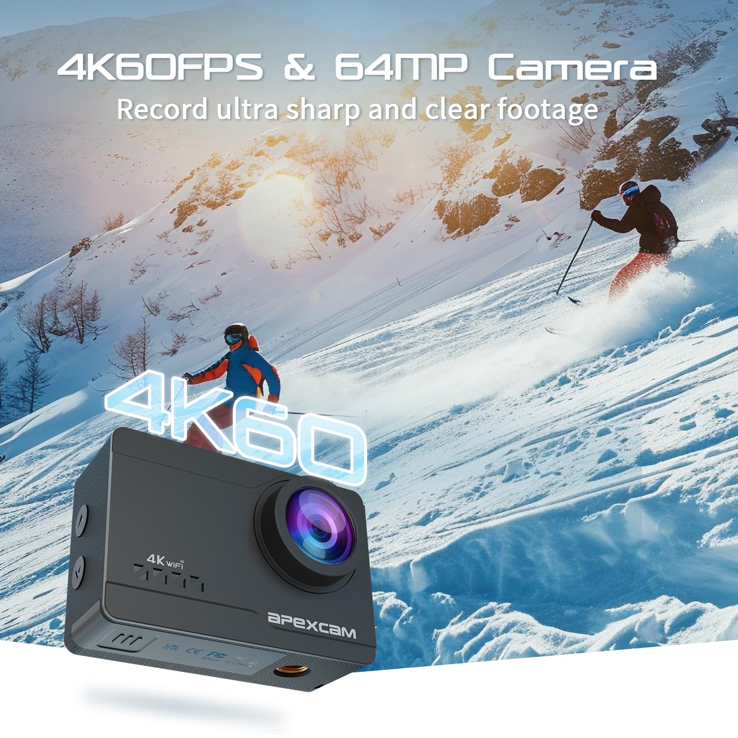 Apexcam M90 Action Cam 4K60FPS 64MP WLAN EIS Bildstabilisierung Sportkamera 40m Wasserdicht 8X Zoom 2.4G Fernbedienung 2x1350mAh Akkus