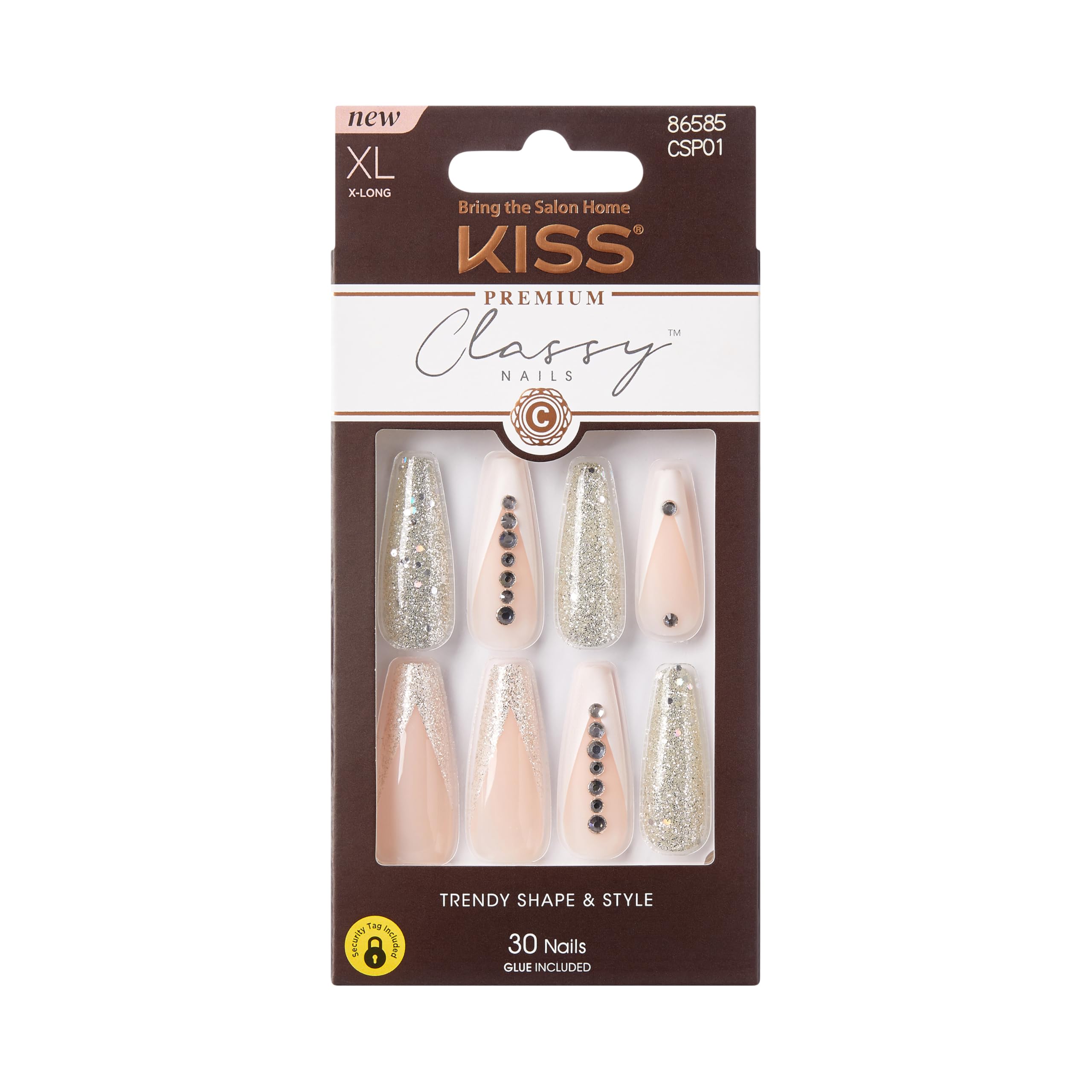 Classy, Press On Nails, Nail glue included, 'Sophisticated', Silver, Extra-Long Size, Coffin Shape, Includes 30 Nails, 2g glue, 1 Manicure Stick, 1 Mini File