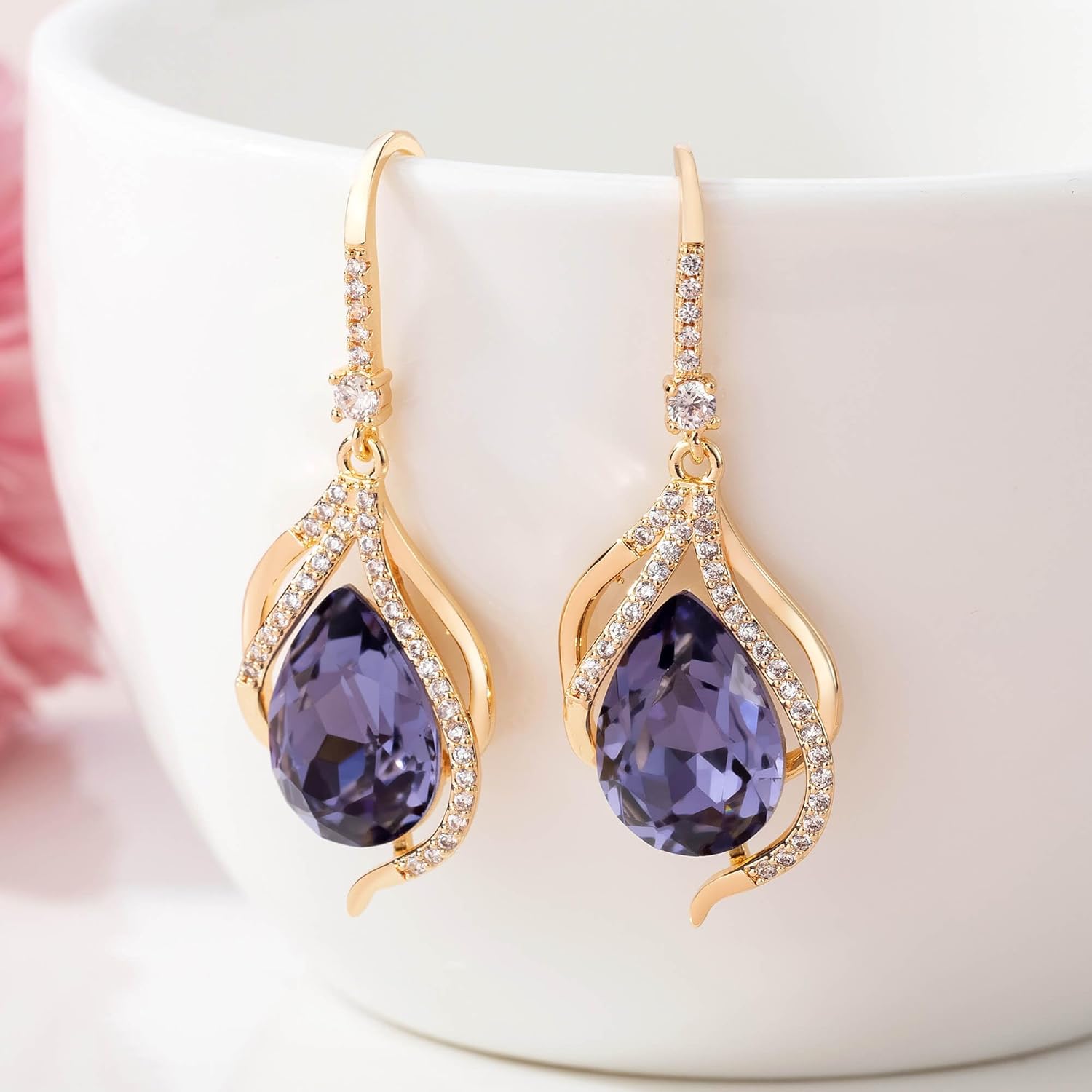 Austrian Crystal Hollow Teardrop Halo Drop Twisted Dangle Earrings for Women 14K Rose Gold Plated Hypoallergenic Jewelry - Image 8