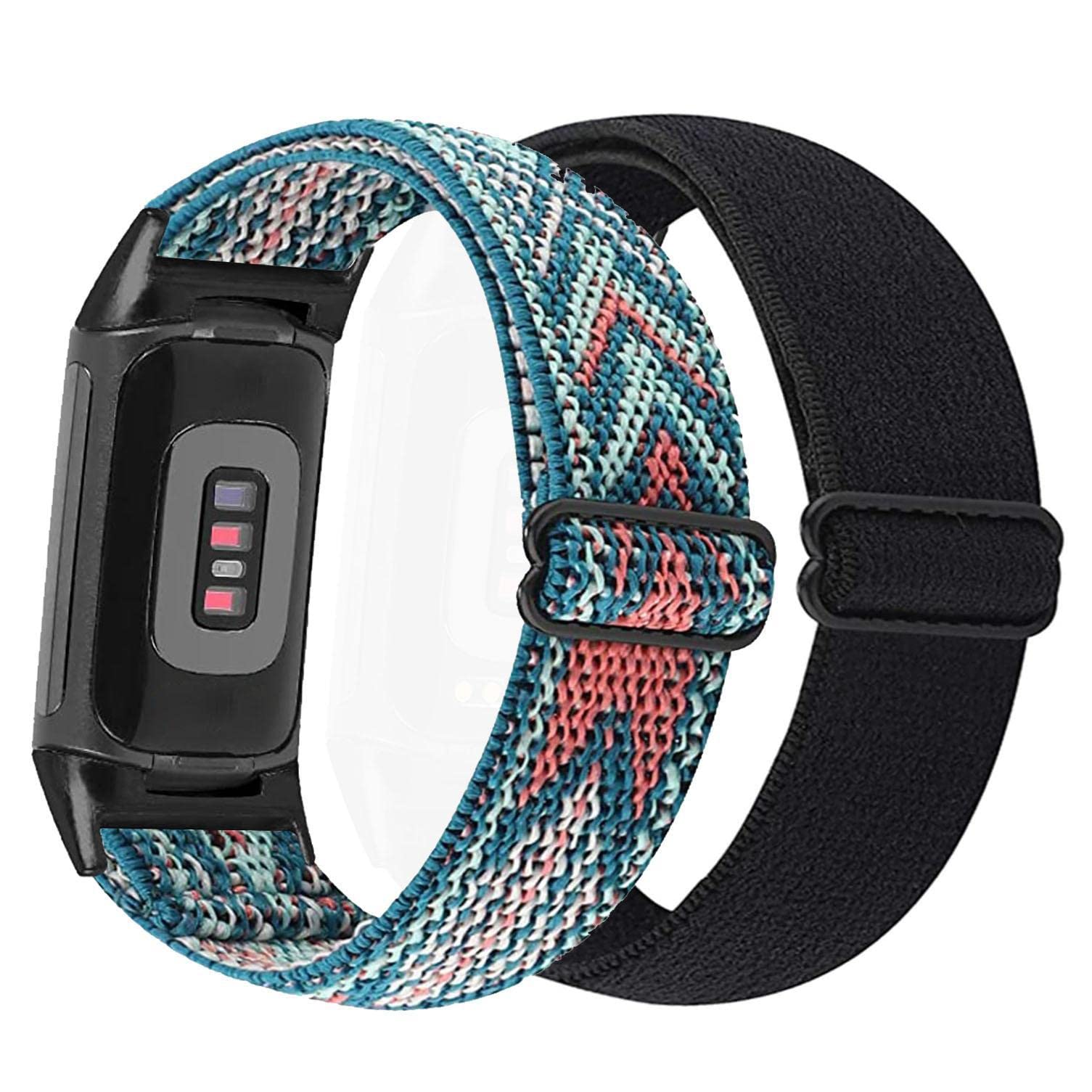 abanen 2 pack elastic bands for fitbit charge 6/5, soft nylon stretchy embroidery loop breathable wristband strap with adjustable clasp for advanced tracker