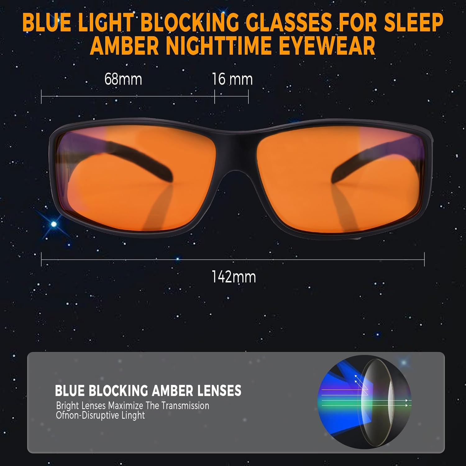 Fit Over 100% Blue Light Blocking Glasses for Sleep - Amber Nighttime Eyewear, Wraparound Sleep Glasses, Anti-Blue Blocking Computer Gaming Glasses for Men Women, Black - Image 4