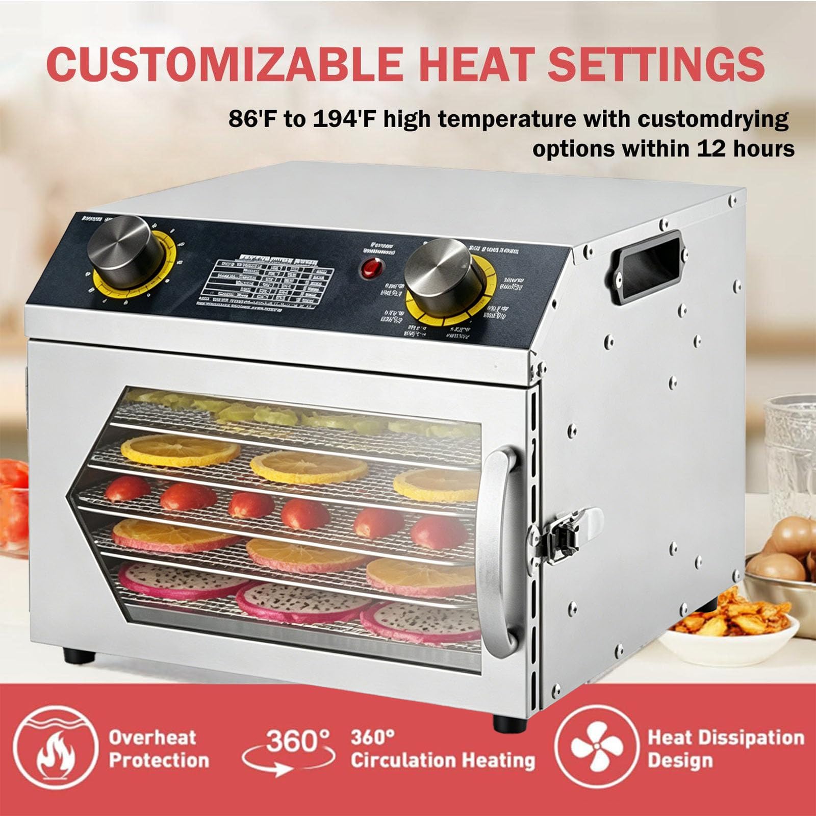 Essiccatore per Alimenti in Acciaio Inox, Macchina per Essiccazione a Strati da 6/8/12 con Timer Digitale 0-12H, Temperatura Regolabile 40-90°C per Carne Secca, Carne, Frutta e Verdura 6-Layer