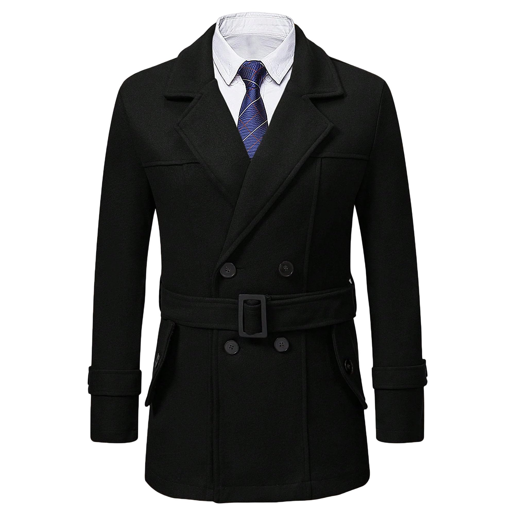 Mens Trench Coat Double Breasted Belt Winter Overcoat Notched Collar Short Pea Coat Warm Business Jacket
