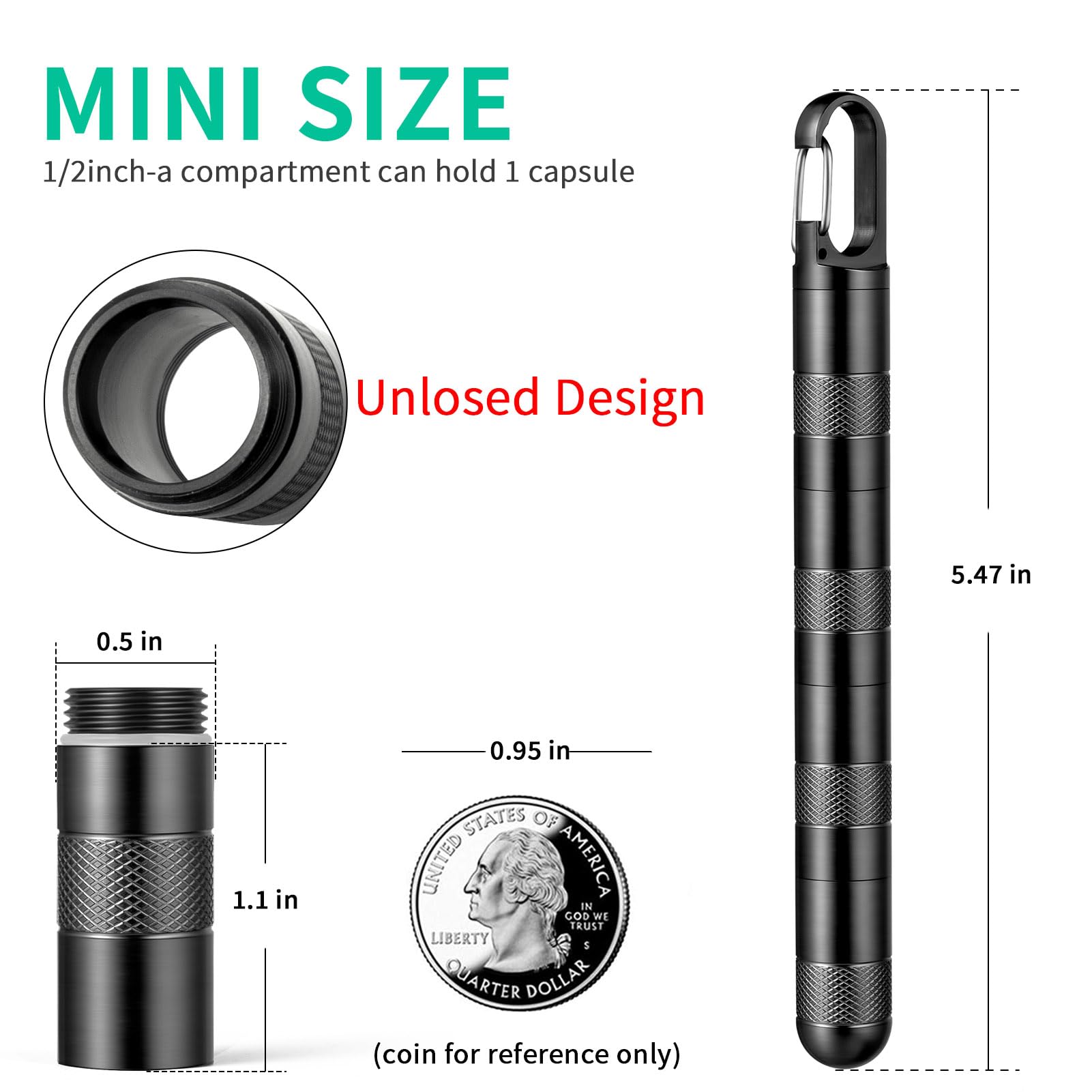 Micro pastillero llavero de titanio pastillero para bolso, pequeño contenedor de píldoras de viaje, pastillero negro, organizador de botellas de medicina para suplemento de aceite de pescado con