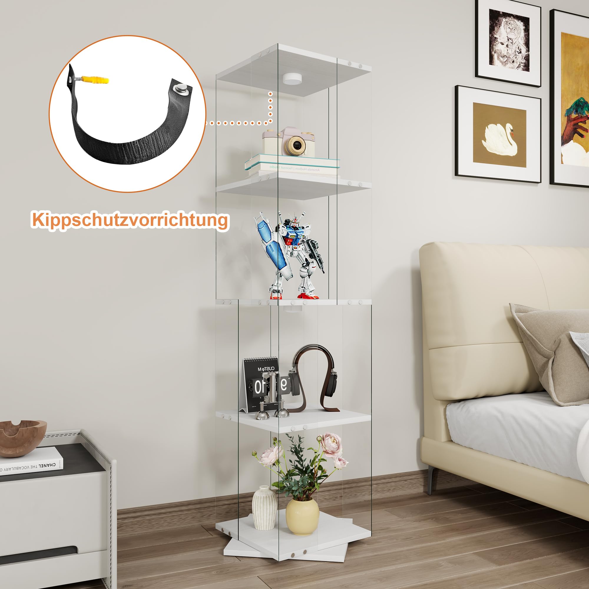 Vetrina girevole in vetro con illuminazione a LED, girevole a 360°, per statuette, giocattoli, vino, libri, 38 x 38 x 160 cm