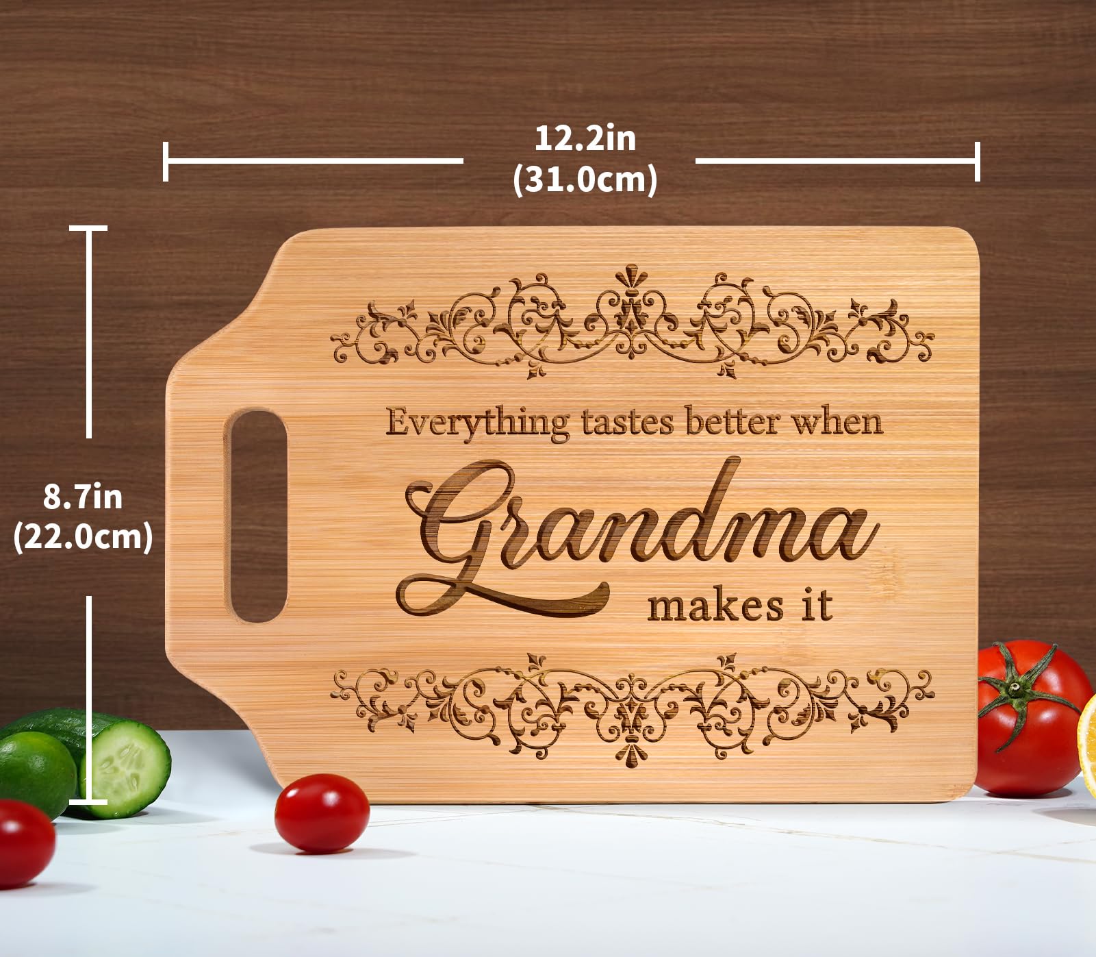 AceThrills Grandma Gifts for Grandma Birthday Gift from Grandkids - Engraved Bamboo Cutting Board 12.3"L x 8.7"W x 0.4"Th (Everything Tastes Better)