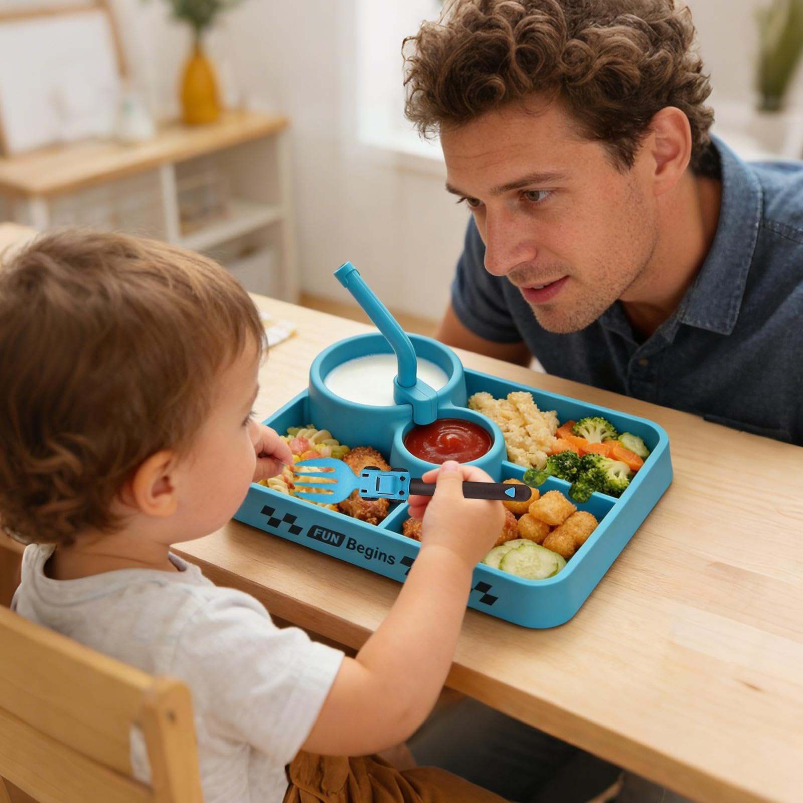 Ensemble d'ustensiles de repas Silicone Portable Autonome Set Table Enfant | Assiettes Compartimentées Couverts Pour Maison École Anniversaire Garçons Filles