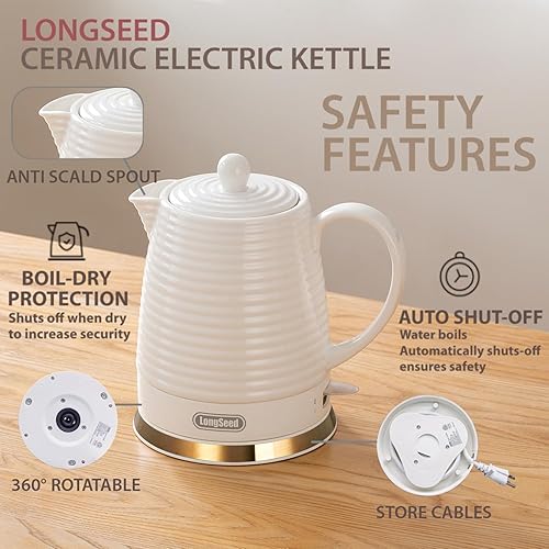 Miniatura 4 de Hervidor eléctrico de cerámica de 1.26 cuartos de galón con infusor y kit de tazas, tetera de agua hervida, protección contra hervido y seco,