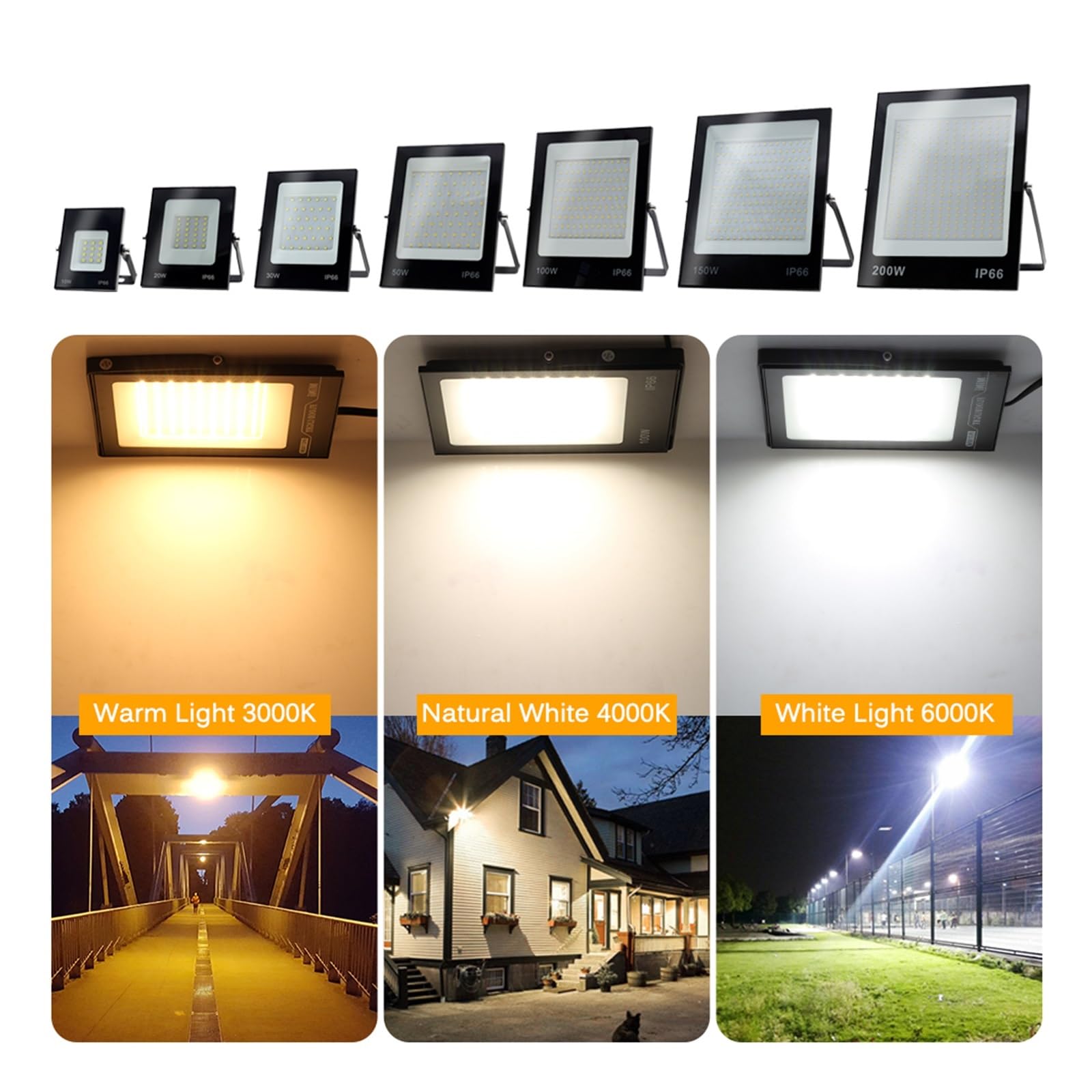 Naświetlacz LED, Światło Halogenowe LED 50W 100W 150W 200W Czarna Powłoka IP66 Wodoodporny Reflektor LED Garden Street Gate Reflektory Ścienne(Warm light,200W)