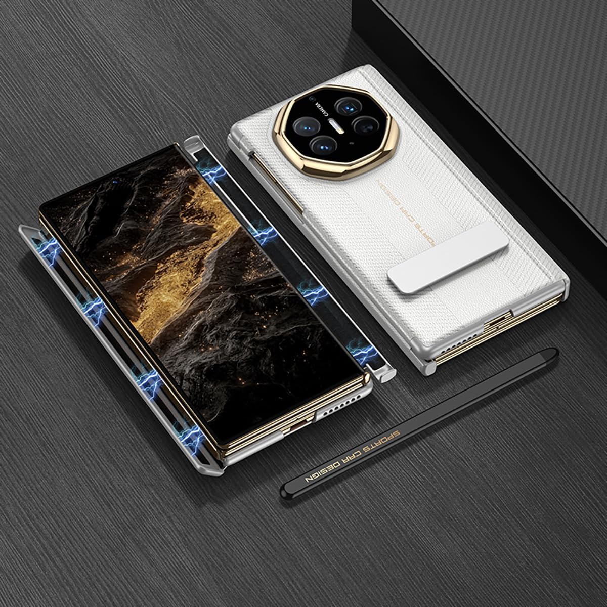to Come Case for Mate XT, 3-Fold Magnetic Leather Shell with Front Screen Protector + Holder, Phone Cover with Stylus for Huawei Mate XT-White