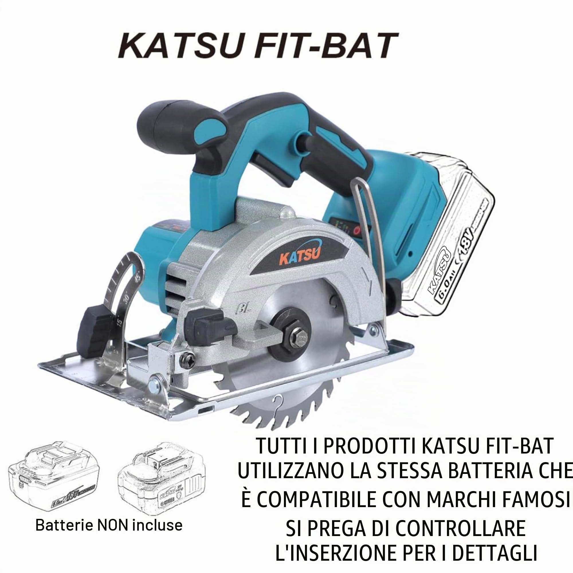Sega Circolare a Batteria KATSU FIT-BAT 21V, Sega Circolare Elettrica da 5" con Motore Brushless, 13000RPM, Profondità di Taglio 30mm, Lama da Taglio 125mm Inclusa, senza Batterie 102794