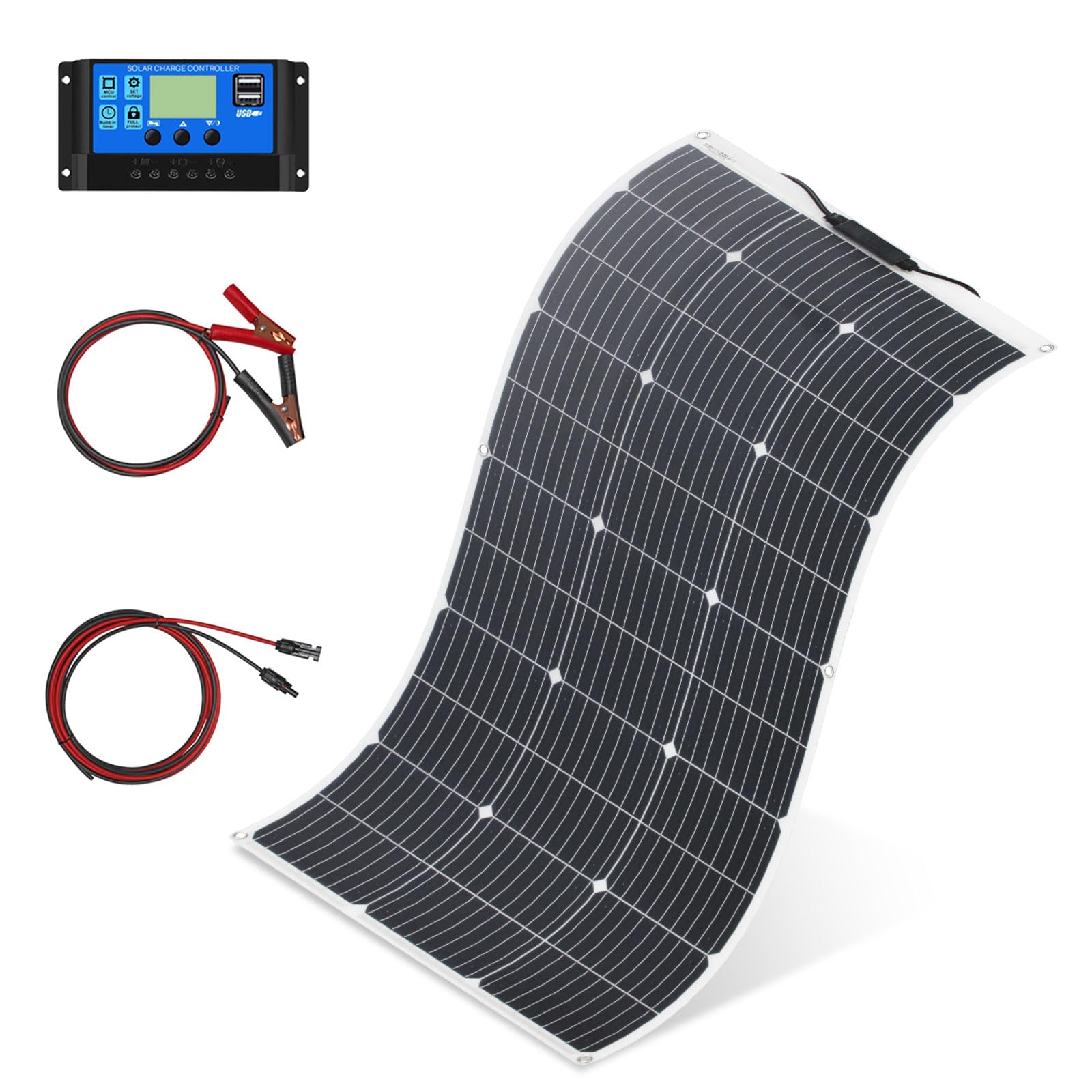 100W Flessibile Pannello Solare Kit Monocristallino carica Solare con controller 10A, uscita USB per caricare batterie 12V 24V(GEL AGM) per camper, roulotte, barche, tetti