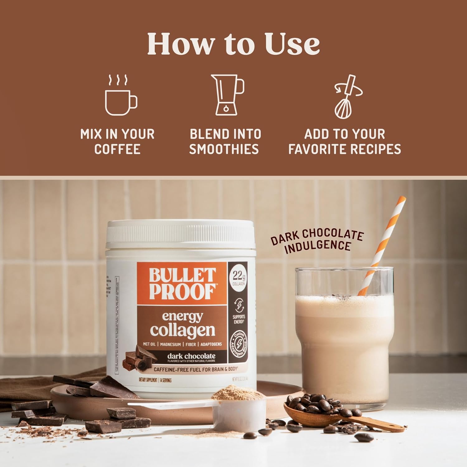 Bulletproof Dark Chocolate Energy Collagen Protein, 19.3 Ounces, Caffeine-Free Fuel with Vitamins and Antioxidants, Blend with Ginseng, Magnesium, Cordyceps Mushroom