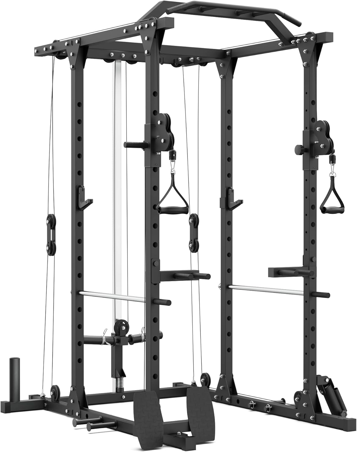 Synergee Power Rack with Cable Crossover Full-Body Home Gym with Sandwich J Cups, Safety Arms, Multigrip Pull-Up Bar, Dip Station, Landmine, LAT Bar, Straight Bar & 4 Pegs. 750 lb Capacity.