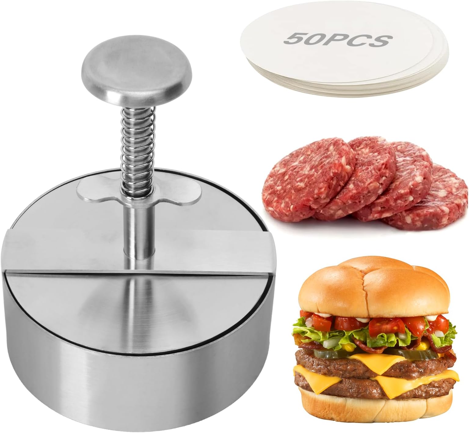 SMASHI Presse à Smash Burger Acier Inoxydable - Kit Pro Avec 50 Papiers Anti-adhésifs