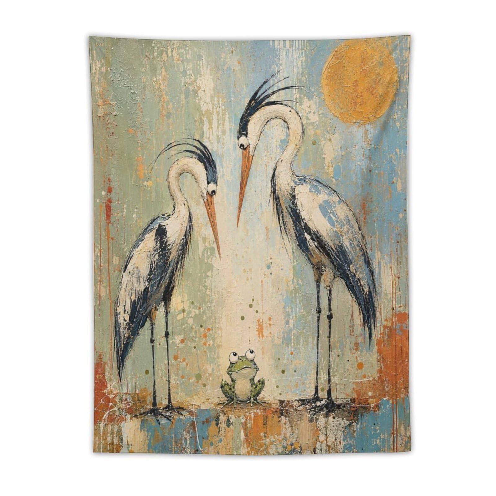 H3B8U2Y5 Cranes with Frog Wall Tapestry, Asian Ink Style, Bedroom