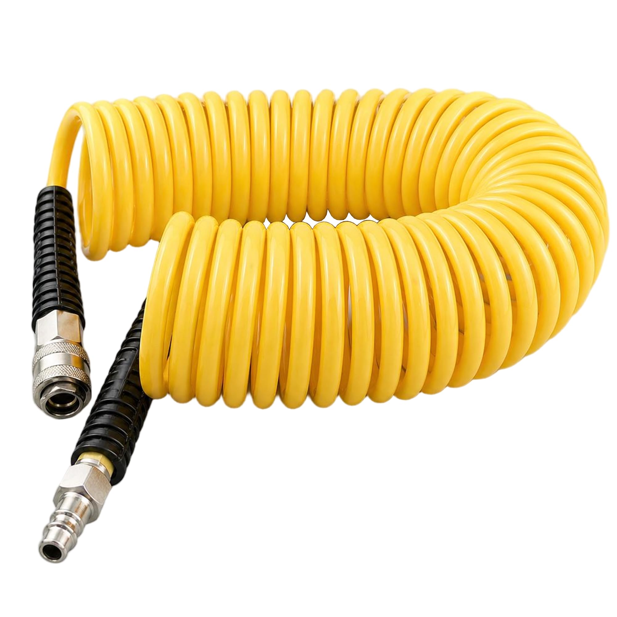 Darnassus Polyurethane Recoil Air Hose, 6 mm Inner Diameter, 7.5 m Yellow with Bend Restrictor and Industrial Quick Coupler and Plug