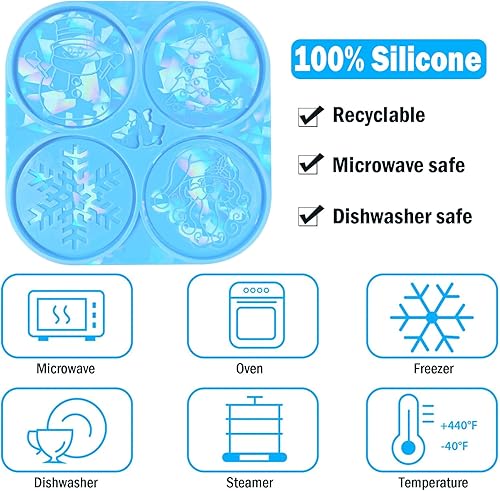 Miniatura 8 de DoreenBow Moldes de posavasos de resina holográfica de Navidad, 4 moldes de silicona para posavasos de copo de nieve, Santa Claus, moldes para