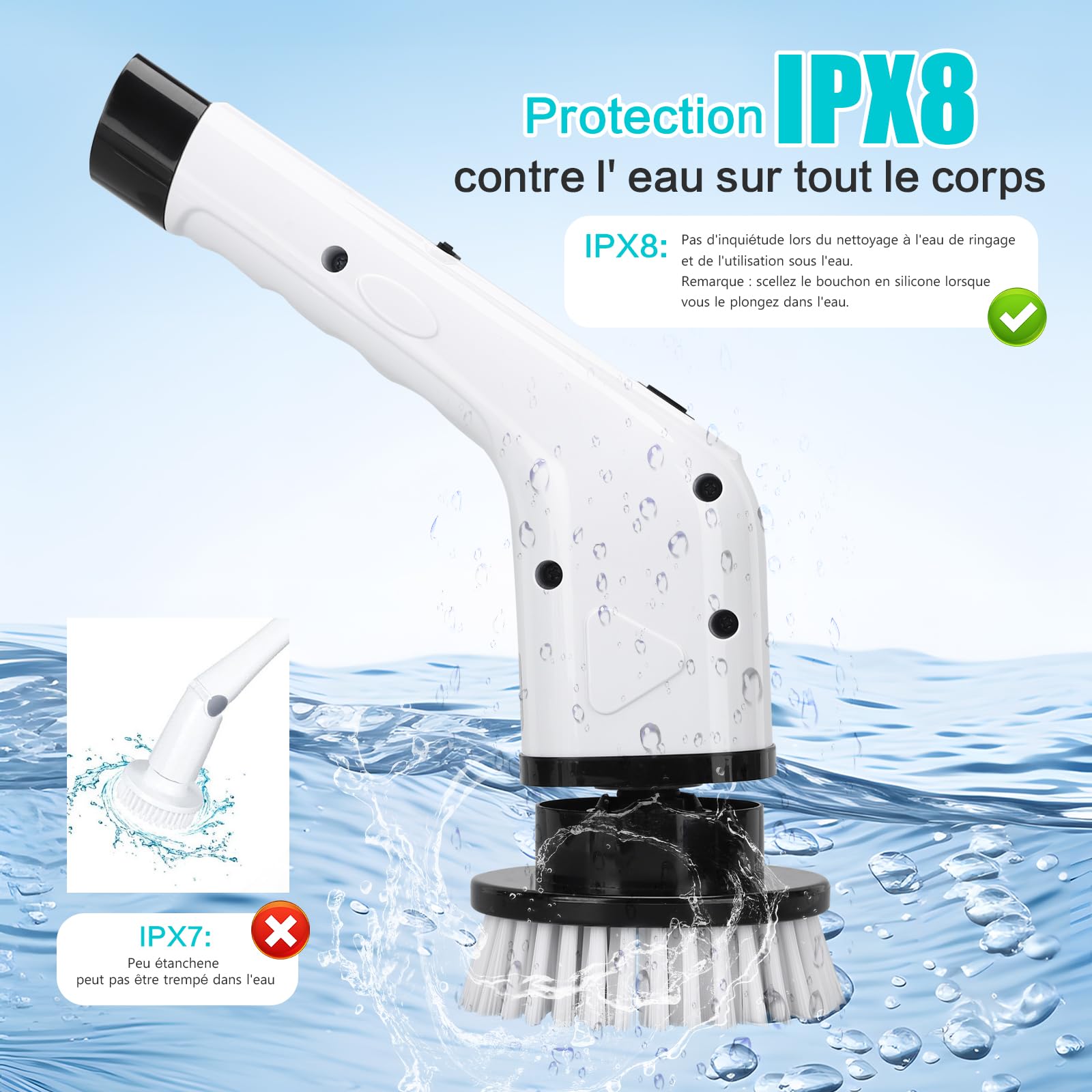 Cepillo de limpieza eléctrico inalámbrico, cepillo de fregar de microfibra para pisos de madera dura, con cabezal de cepillo de acero inoxidable y cable de carga USB (blanco)