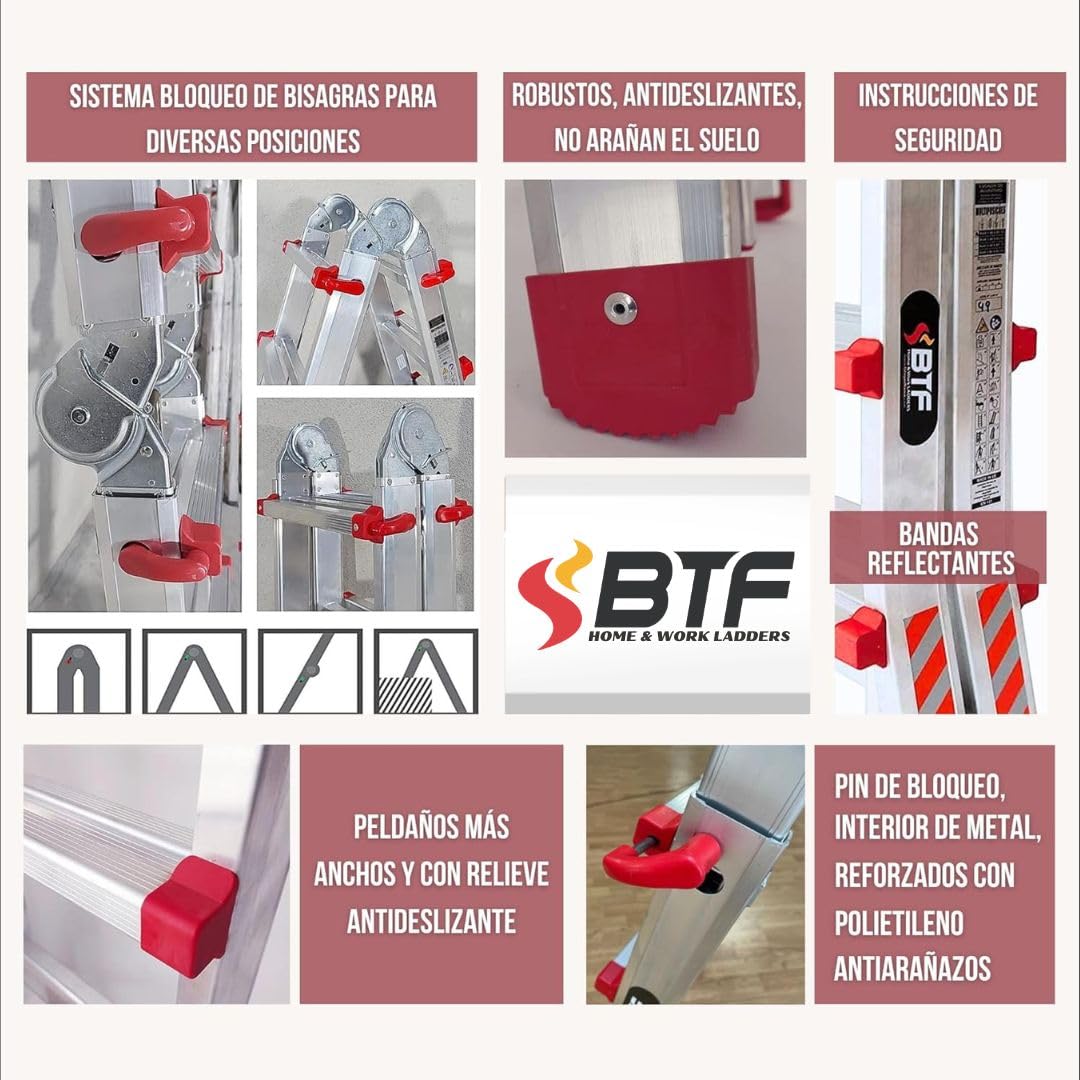 BTF Premium Escalera Telescópica hasta 20 Peldaños | Escaleras Plegables Aluminio | Escalera Extensible 4,7 Metros y 150kg | Multiposición Ladder | Escada Certificación EN131