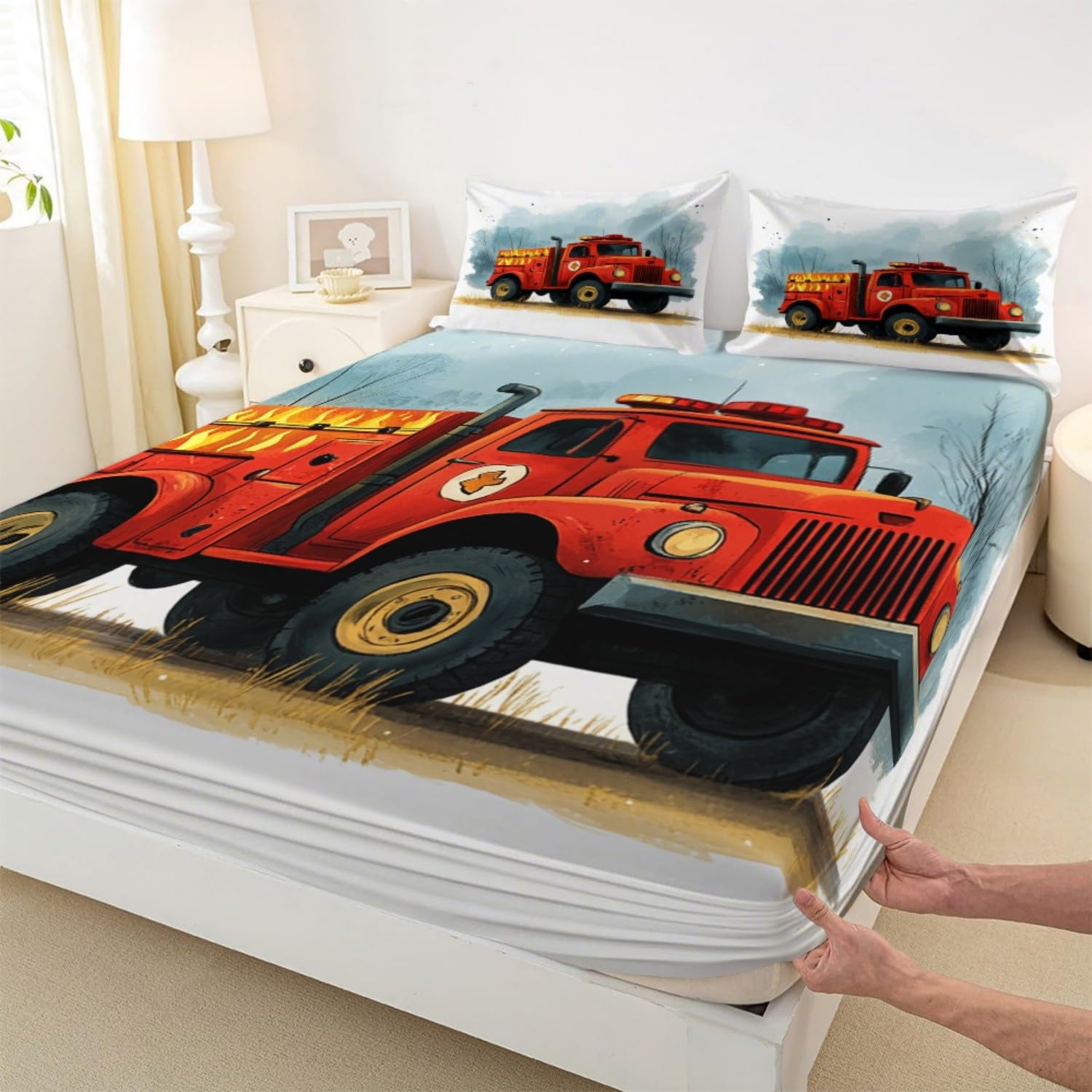 Drap Housse 200x200 cm Grand Bonnet 30 cm - Motif de Camion de Pompiers jungleier Linge de Lit 2 Personnes Doux et Confortable en Microfibre - Lot de 3 Draps Housses Rouge avec 2 Taie d'oreiller