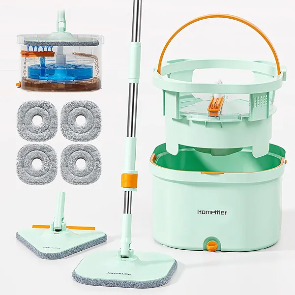 HoMettler Spin Mop and Bucket Set, Detachable Inner Bucket with Separate Dirty Water System, Deep-Cleaning Mops for Floor/Wall Cleaning with Triangular Head & 4 Microfiber Pads
