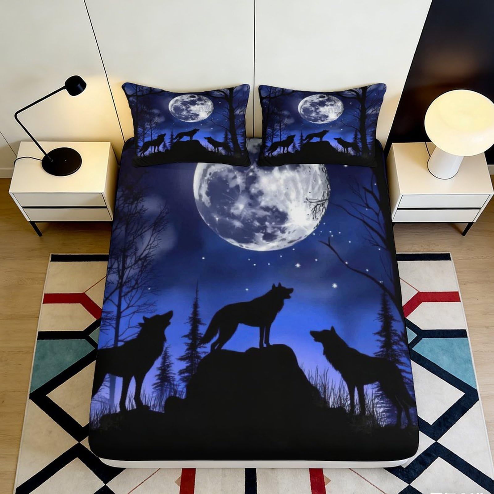 3D Printed Moon Wolf Fitted Sheet Microfiber Dark Blue Forest Bed Cover for Bedroom Dorm Easy Care Decor 90x200x25cm