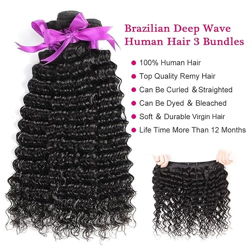 Miniatura 2 de Manojos de cabello humano ondulado profundo 10A de 16, 18, 20 pulgadas, paquetes de cabello humano brasileño de onda profunda, paquetes húmedos y