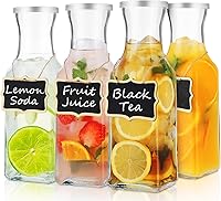 SIPOMU 4-Pack Square Glass Carafe with Lid, 1L Leakproof Pitchers for Juice, Wine, Iced Tea, Milk - Dishwasher Safe