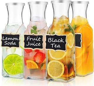 SIPOMU 4-Pack Square Glass Carafe with Lid, 1L Leakproof Pitchers for Juice, Wine, Iced Tea, Milk - Dishwasher Safe