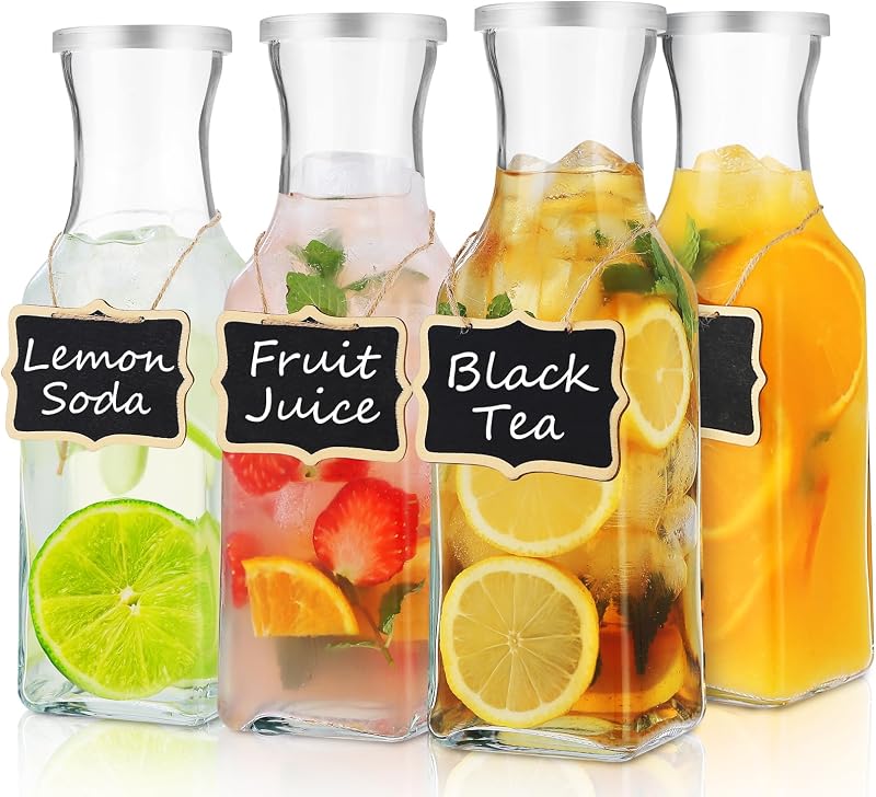 Glass Carafe with Lid, 4Pcs Square Glass Carafe Juice Containers 1 Liter Clear Glass Pitcher Drink Dispensers for Beverage Cold Water Juice Milk Iced Tea Wine Dishwasher Safe