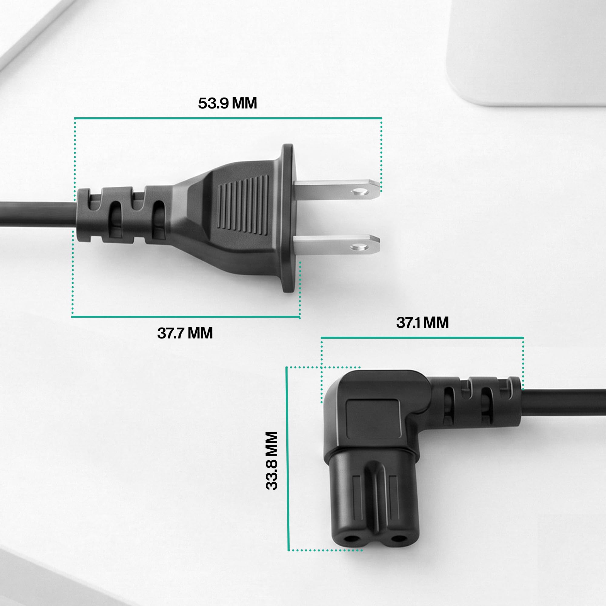 AC 90 Degree Right Angle 2 Prong TV Power Cord Replacement 5ft L Shaped Angled IEC C7 TV Cable for Samsung, LG, TCL, Hisense, Sony, Vizio, Insignia, Sharp, Toshiba — view 7